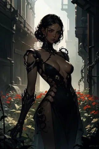 A woman wearing a dark biomechanical dress stands in a flower field between gothic urban buildings with moody lighting.