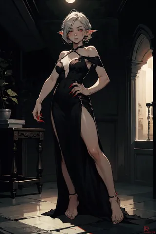 A vampire girl with silver hair and red eyes stands barefoot in a dark castle wearing a black Victorian dress with slits, illuminated by moody lighting and a full moon above.