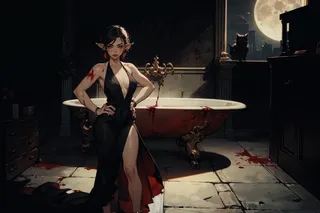 A vampire elf woman in a revealing black dress stained with blood stands in a dimly lit gothic bathroom, blood drips from an ornate bathtub, full moon shining through window with a cat silhouette.