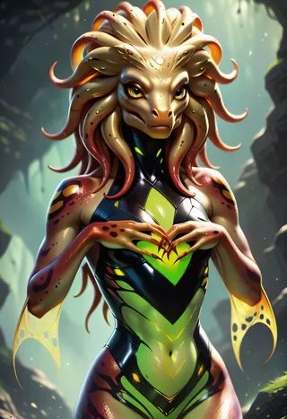 Photorealistic alien girl with octopus-like head tentacles, insect exoskeleton, radiant glowing skin, dressed in sleek racing leathers, standing in a forest setting.