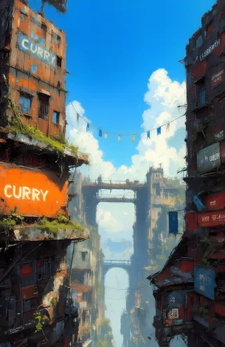 Digital painting of a narrow urban alleyway viewed from a low angle featuring old weathered buildings with moss and vines, bright blue sky with fluffy clouds, colorful signs including a prominent orange 'CURRY' sign, and a large steel bridge spanning the alley in the distance.