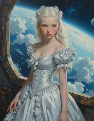 Oil painting of a graceful albino young girl with white hair and blue eyes wearing a metallic silver silk Victorian dress standing in a futuristic spaceship by a window showing a gas giant planet in space.