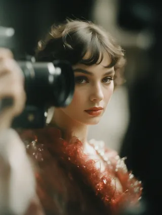 Close-up cinematic portrait of a woman with soft curls and makeup in a red haute couture outfit, captured with selective focus using a film camera.