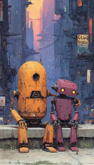 Two robots, one orange and one pink, sitting together on a concrete ledge in a dense urban dystopian environment with tall buildings and warm evening light.