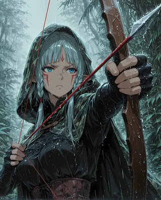 Serious elf archer with silver braided hair and blue eyes, wearing a camo hooded cloak, drawing a bow with red string in a rainy, foggy rainforest.