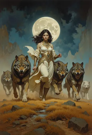 A beautiful young princess in ornate fantasy attire leads a pack of wolves running across a prairie with a full moon glowing behind them, dramatic night scene.