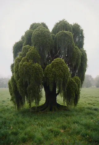 A monumental moss-covered tree stands prominently in the middle of a lush green grassland under moody cinematic lighting, captured with shallow depth of field.