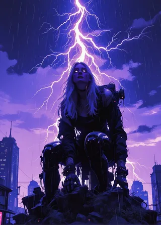 A cyberpunk female cyborg crouching on rubble with glowing eyes, illuminated by bright lightning in a rainy night cityscape.