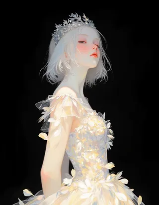 A serene teen princess with translucent pale skin and platinum blond hair wearing a glowing flower petal dress and a silver circlet, set against a black background.