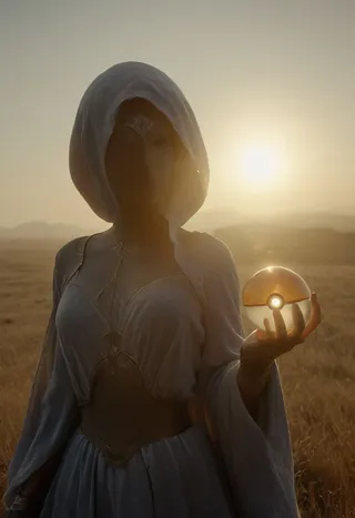 A hooded Bedouin princess in detailed ancient attire holds a glowing translucent Pokeball orb, standing in a grey meadow during sunset with cinematic lighting.