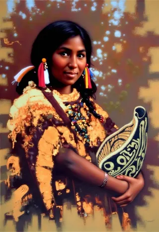 Portrait of a Native American woman in a traditional beige and brown outfit holding a decorated woven basket, with long braided hair and colorful tassel earrings against a blurred natural background.