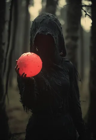 A dark, cloaked figure holding a glowing red orb in a misty, haunted birch forest with cinematic lighting and deep shadows.