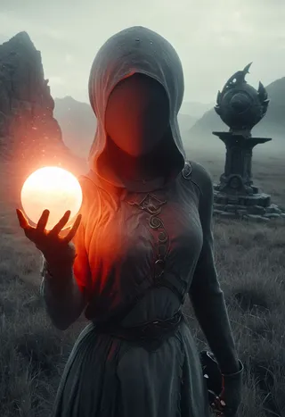 Hooded Bedouin knightess with no visible face holding a glowing orb, standing near an ancient stone fountain in a grey meadow under moody cinematic lighting.