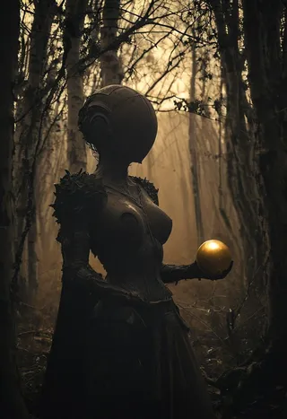 A dark post-apocalyptic female figure with a smooth helmet-like head and spiked shoulders stands in a misty birch forest holding a glowing golden orb.