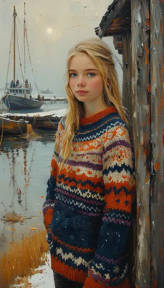 Young teen girl with long blond hair and blue eyes wearing a patterned Nordic sweater, standing by a wooden dock in a snowy fishing village with boats and misty water in the background.