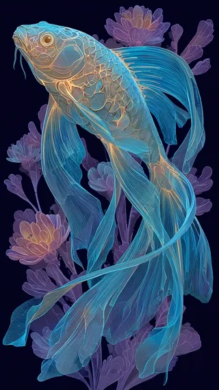 Translucent koi fish with flowing blue fins and glowing scales, surrounded by soft purple floral shapes on a dark background.