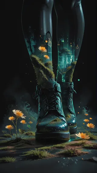 Close-up of black boots with double exposure effect showing a glowing cityscape intertwined with moss and flowers under neon light.
