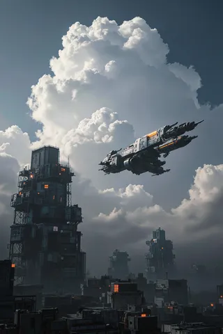 A science fiction spacecraft flying over tall, industrial buildings under a large, dramatic cloudy sky outdoors.