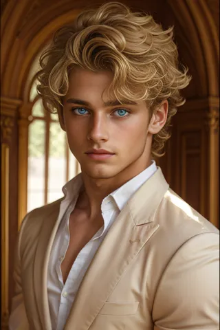 Portrait of a handsome young man with wavy blonde hair and blue eyes, wearing elegant beige suit and white shirt, set in a classic interior.