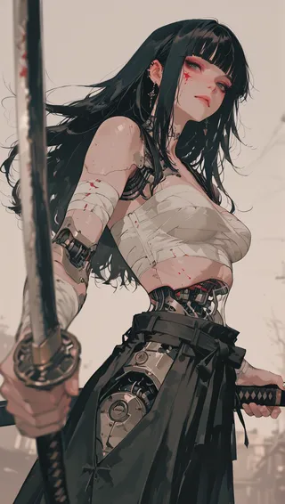Close-up of a cyborg girl with black hair and blue eyes holding a katana. She has mechanical parts visible on her arm and waist, with bandages and bloodstains on her pale skin, wearing a white wrap top and dark skirt.