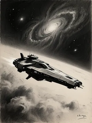 Charcoal drawing of a futuristic spaceship cruising diagonally through deep space, featuring chiaroscuro style with nebulae and interstellar dust clouds in the background on textured paper.