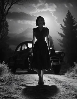 Black and white 1950s noir style image of a woman in a dress standing on a dirt road at night with a vintage car and glowing headlights behind her.