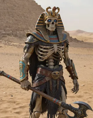 A skeletal undead warrior named Settra the Imperishable wearing ornate ancient Egyptian-style armor and headdress, glowing blue eyes, holding a decorated polearm, standing in a desert with pyramids in the background.