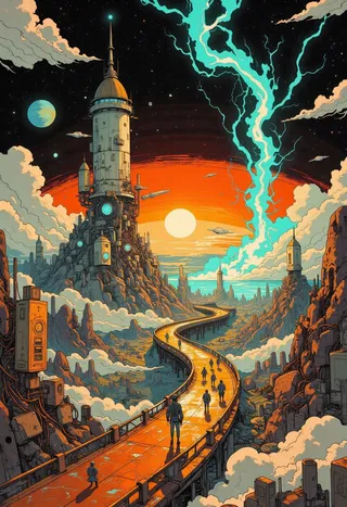 A futuristic alien spaceport featuring a tall cyberpunk-style tower on rocky terrain, illuminated by a vivid sunset and blue atmospheric lightning.