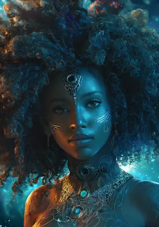 Portrait of an African sea goddess with voluminous curly hair, glowing blue and golden ornamental jewelry, and a magical cosmic atmosphere