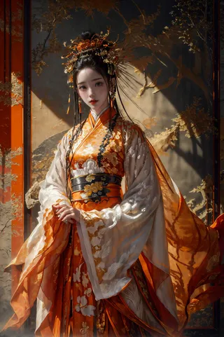 Portrait of a woman in an intricately embroidered orange and gold Chinese traditional dress with detailed patterns and an elaborate headdress featuring golden accents and Ginkgo motifs.