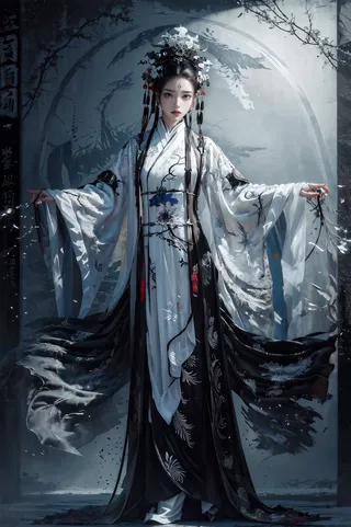 Full-body portrait of a woman wearing Chinese traditional dress with intricate black and white embroidery, accented by Ginkgo patterns and an elaborate ancient-style headdress.