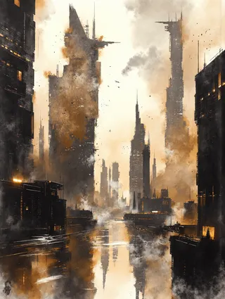 A futuristic sci-fi cityscape rendered in a unique inksplash and watercolor wash style, featuring towering skyscrapers with sepia, burnt henna, and ink-black hues.