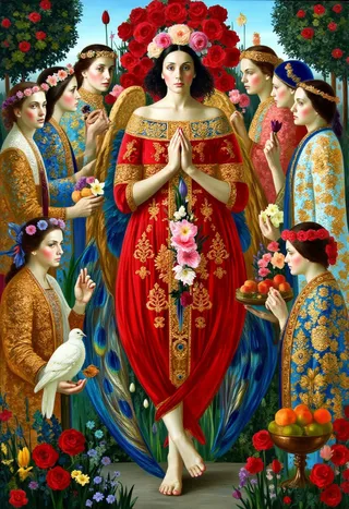 A central woman with fair skin and dark hair wearing a red dress with gold embroidery and a floral crown, surrounded by six women with ornate garments and flowers, all set against a lush garden with red roses and a blue sky.