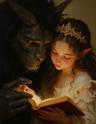 Oil painting of a young elf princess with delicate features and a golden crown reading a book closely with a dark monster beside her, illuminated with soft light.