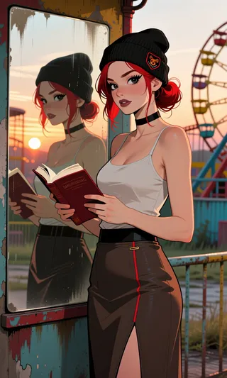 A red-haired young woman in a white tank top, black pencil skirt with red stripe, and black beanie stands reading a book, her reflection visible in a weathered mirror, with a ferris wheel and sunset in the background.