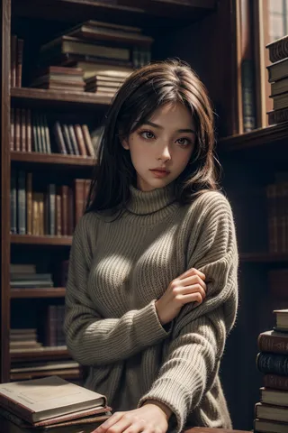 A young woman in a cozy sweater sitting indoors in a library surrounded by stacked books with warm lighting.