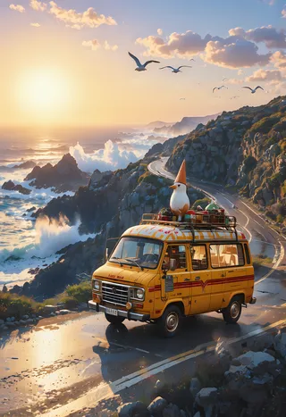 Vintage yellow ice cream van with a giant ice cream cone on the roof driving along a winding coastal highway carved into rocky cliffs at sunrise, with ocean waves crashing below and seagulls flying overhead.