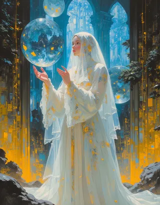 A regal sci-fi princess wearing a translucent veil and a celestial-patterned gown stands in a glowing futuristic temple, surrounded by floating holographic orbs and ethereal light.