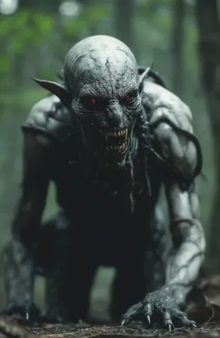 Close-up of a menacing humanoid creature with gray decaying skin, red glowing eyes, sharp teeth, and pointed ears crouching in a forest with blurred green foliage background.