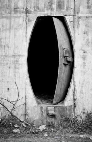 Black and white photograph of a weathered concrete wall with an oval black hole and a rusted metal door slightly ajar, surrounded by dry grass and bare branches.
