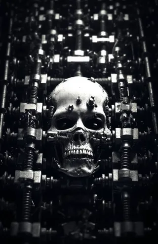 Black and white close-up of a human skull integrated with mechanical parts, surrounded by metal pipes, screws, and gears in a cyberpunk industrial setting.