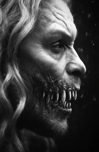 Black and white close-up profile of a face with rough textured skin, sharp pointed teeth, intense eye, and long wavy light hair, lit with chiaroscuro.