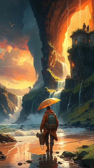 A wanderer holding an orange umbrella and wearing a backpack stands on a wet shoreline near a waterfall cascading down rocky cliffs inside a glowing lava-tube city at sunset.
