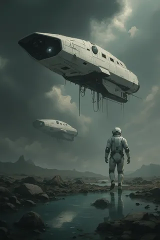 A white-suited astronaut stands on a rocky shore with reflective water, looking at two large futuristic spaceships floating amid dark, ominous clouds.