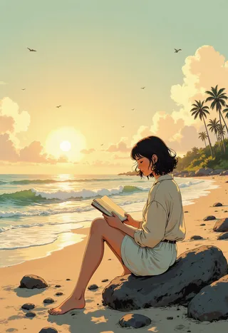 A woman reading a book while sitting on a rock at a beach during sunset, with gentle ocean waves, palm trees, and a warm ethereal glow.