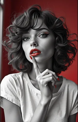 Photorealistic black and white waist-up portrait of a young woman with curly hair, vibrant red lips, and red nails, wearing a white t-shirt against a red background.