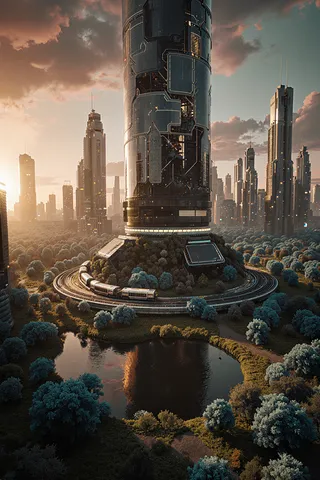 A towering futuristic high-tech cylinder surrounded by blue-tinted forests and a reflective lake, with public transport trains circling at sunset.