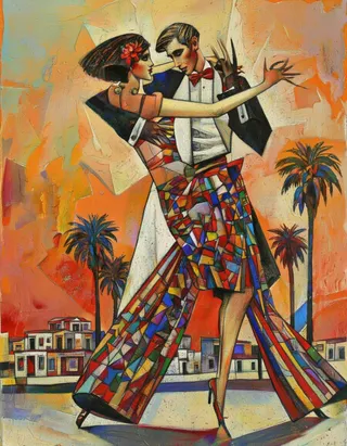 A vibrant colorful painting of a couple dancing tango outdoors with geometric patterns on their clothing, palm trees, and an orange tropical city background.