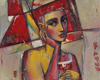 Abstract painting featuring a person holding a wine glass in a contemplative pose, depicted with red and yellow tones and a textured, geometric background.