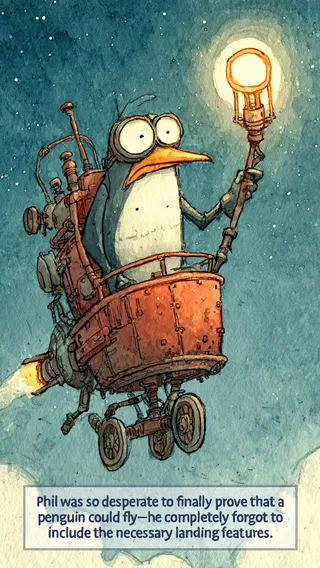 A whimsical steampunk-inspired penguin flying machine with a wide-eyed penguin holding a glowing lamp, flying through a starry sky without landing gear.